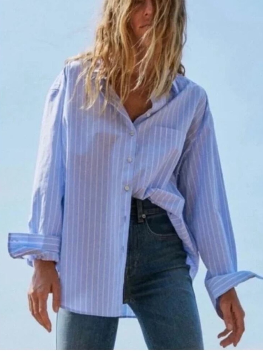 AYR Striped Button Down Lightweight Shirt In White & Blue Size M